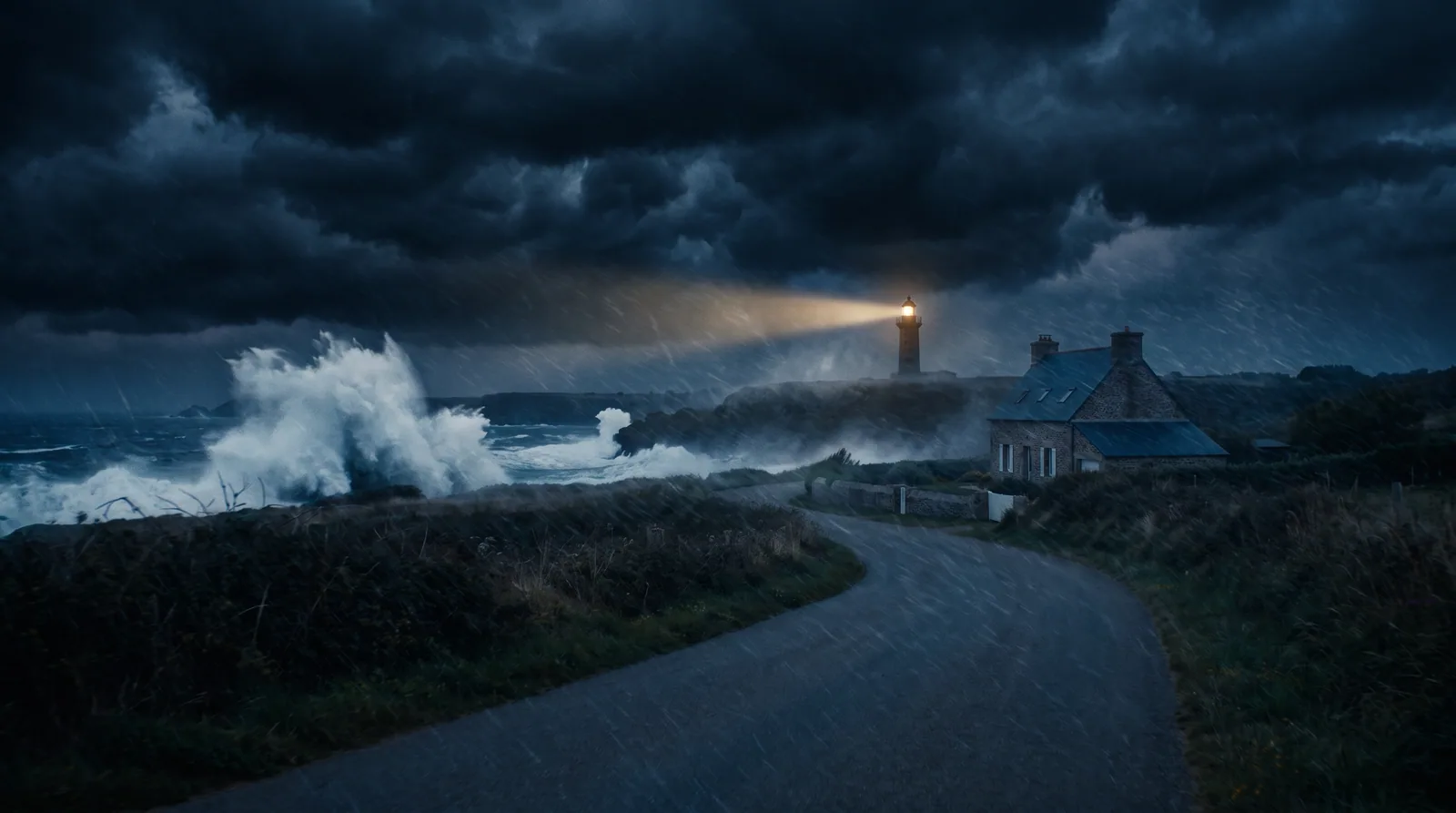 A lighthouse headland in a violent storm